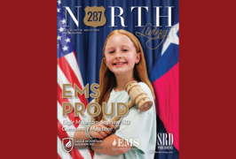  A girl holding gavel with a US flag behind her and a maroon background